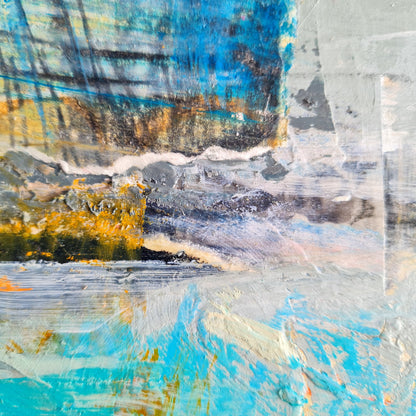 Abstract art with blue, gray, and yellow colors