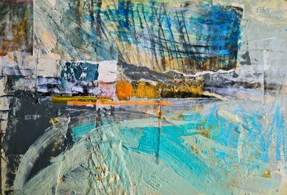 semi abstract seascape on card, in colours of blue, grey and turquoise.