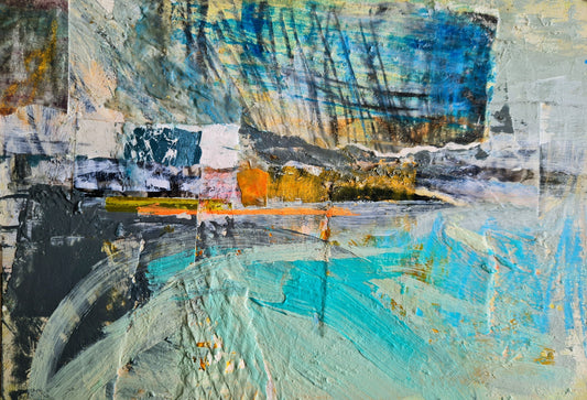 semi abstract seascape on card, in colours of blue, grey and turquoise.