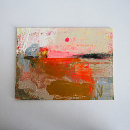 Pink Moon, small colourful landscape painting by Julia Laing against a white background.