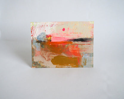 Tiny expressive landscape painting, Pink Moon, on a white background.