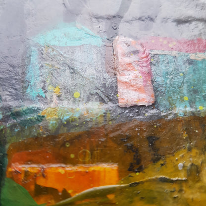 Close up of mixed-media artwork, Winter Wak by Julia Laing.