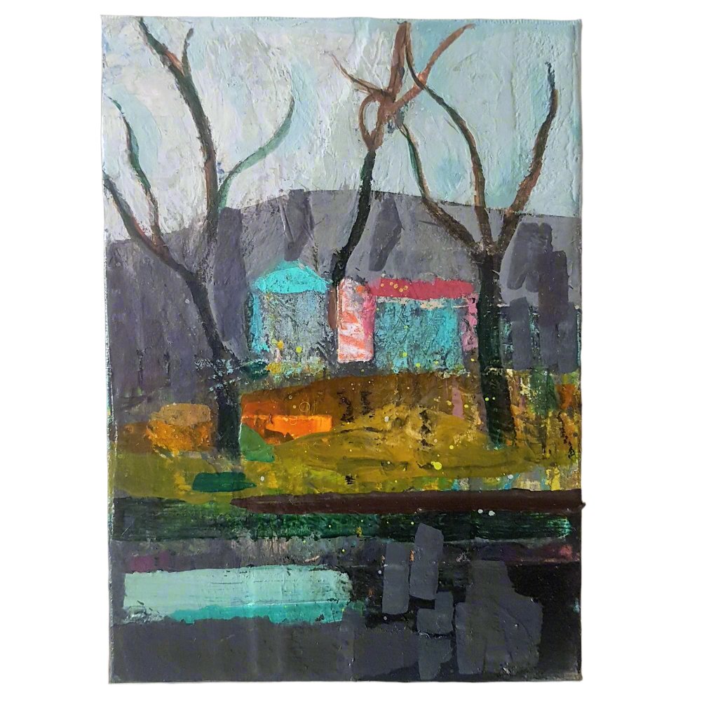 Winter Walk painting by Julia Laing, measures 5 x 7 inches, sitting against an off-white background.