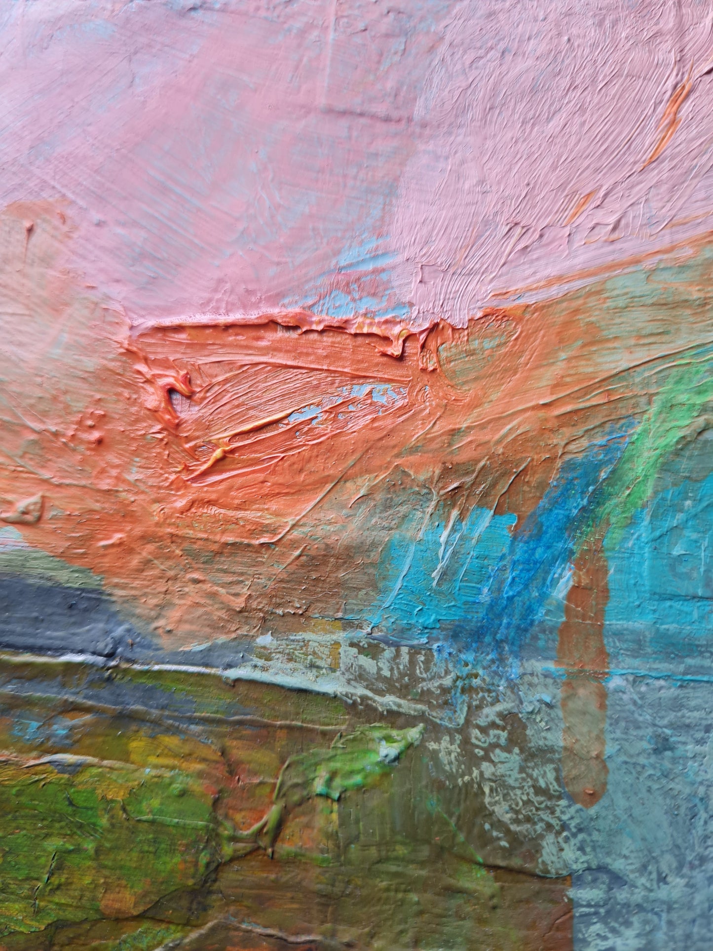 Abstract painting with a textured surface featuring pink, orange, blue, and green colours.