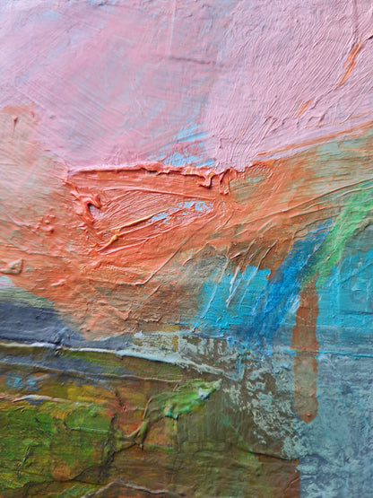Abstract painting with a textured surface featuring pink, orange, blue, and green colours.