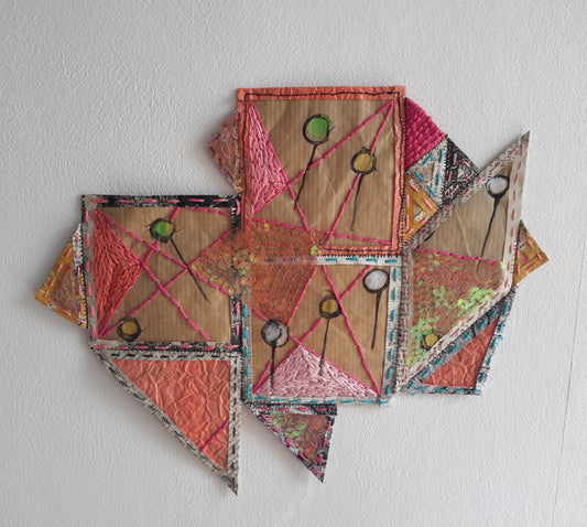 Geometric mixed media patches and pins number one by Julia Laing