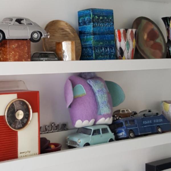 Purple elephant soft sculpture shelfie