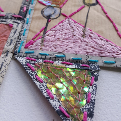 detail of hand stitched sequins and embroidery by Julia Laing