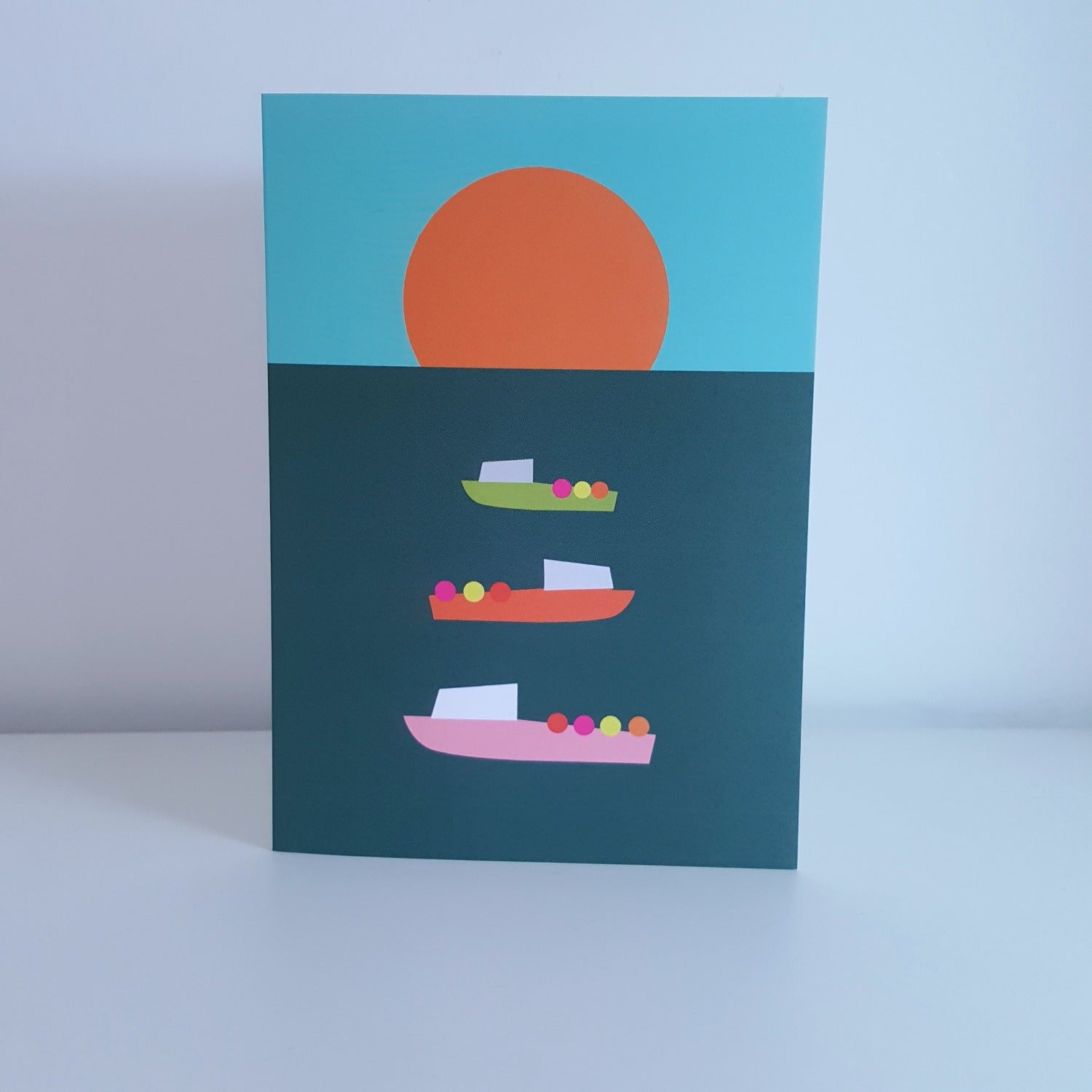 Boats at Sunset greeting card by Julia Laing.
