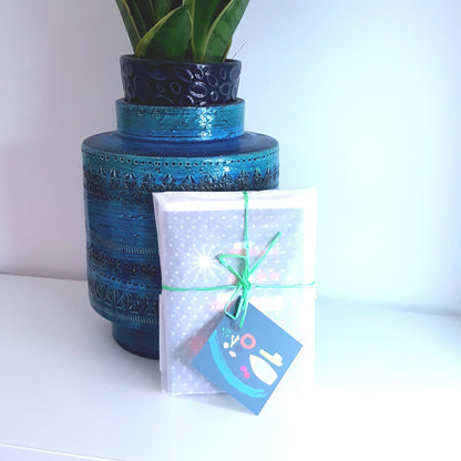 Set of 5 greeting cards, wrapped in tissue paper, resting against a teal ceramic plant pot.