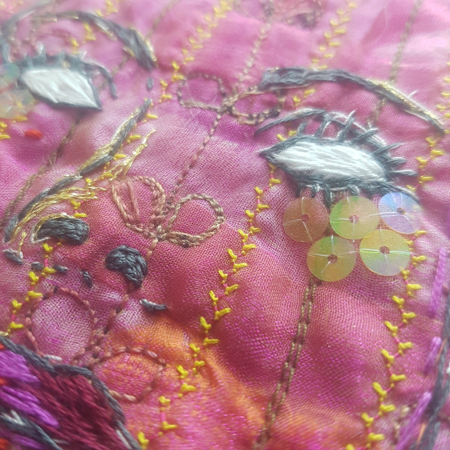 Embroidery close up showing sequins and eyes