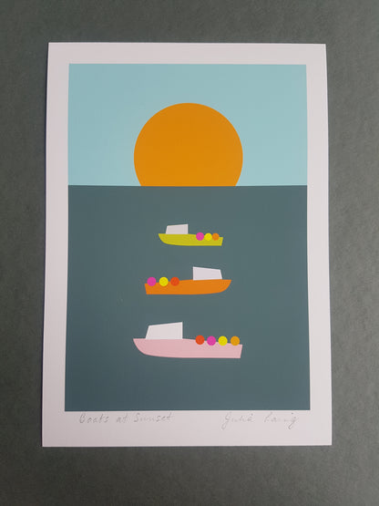 Boats at Sunset - A5 Retro Nautical Giclee Print
