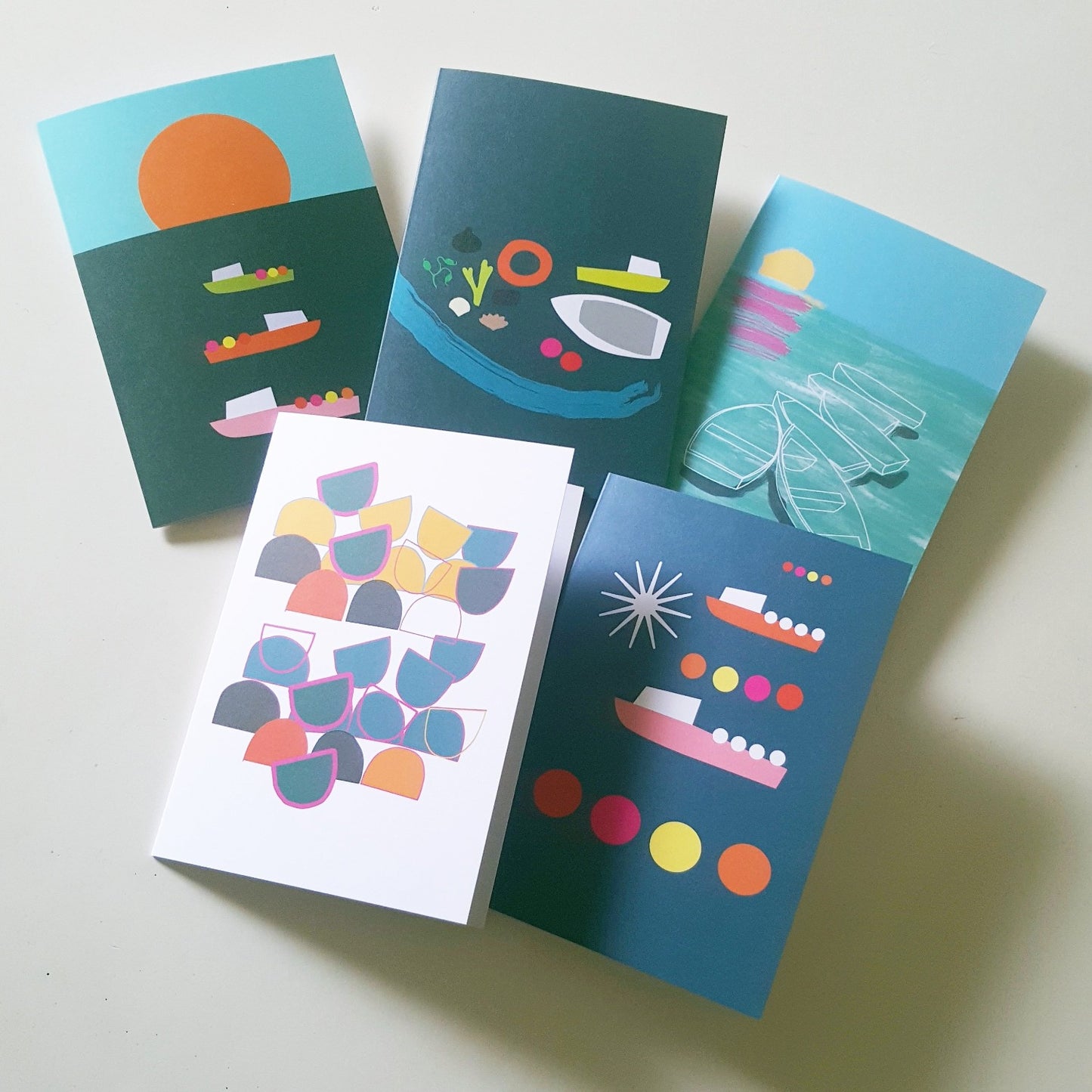 Set of greeting cards. 5 different modern digital designs inspired by the coast.