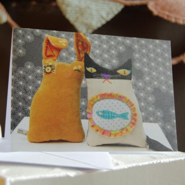 Greetings Card - Textile Rabbit And Cat