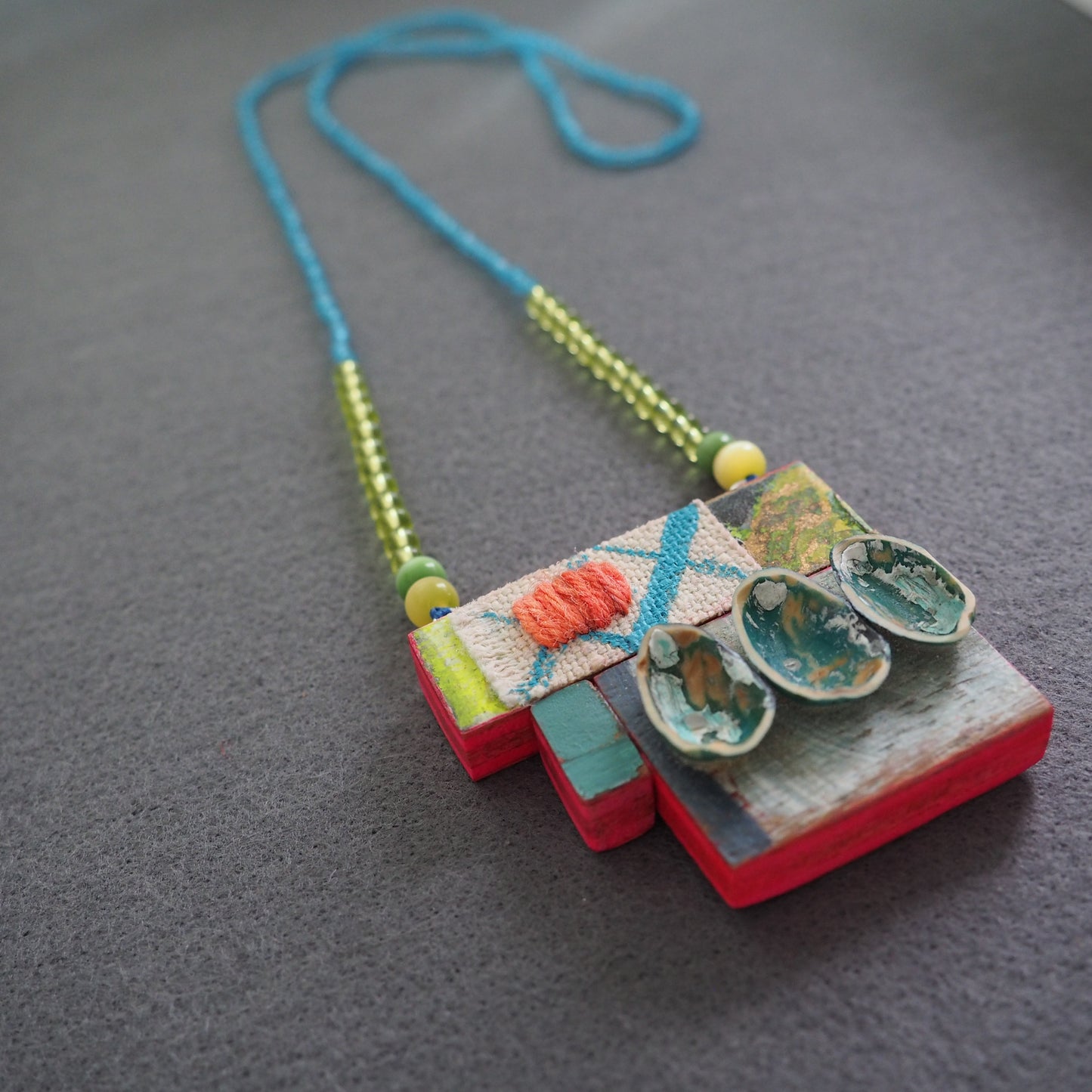 Handmade Mixed-Media Wooden Pendant Necklace