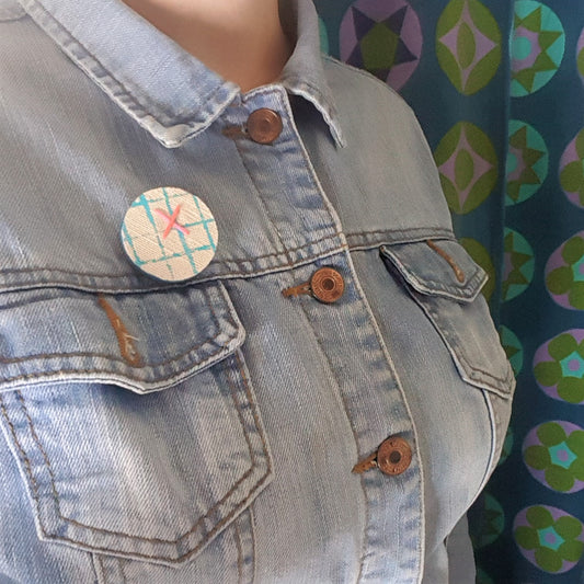 Handmade Printed Linen and Cork Brooch - Net Design - Batch 1 Number 6