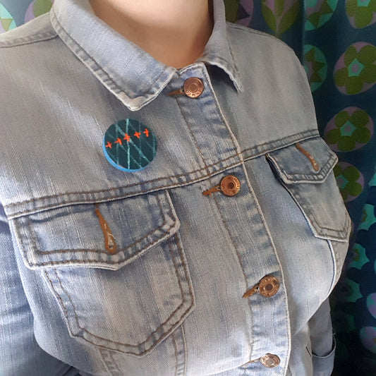 Handmade Printed Linen and Cork Brooch - Net Design - Batch 1 Number 13