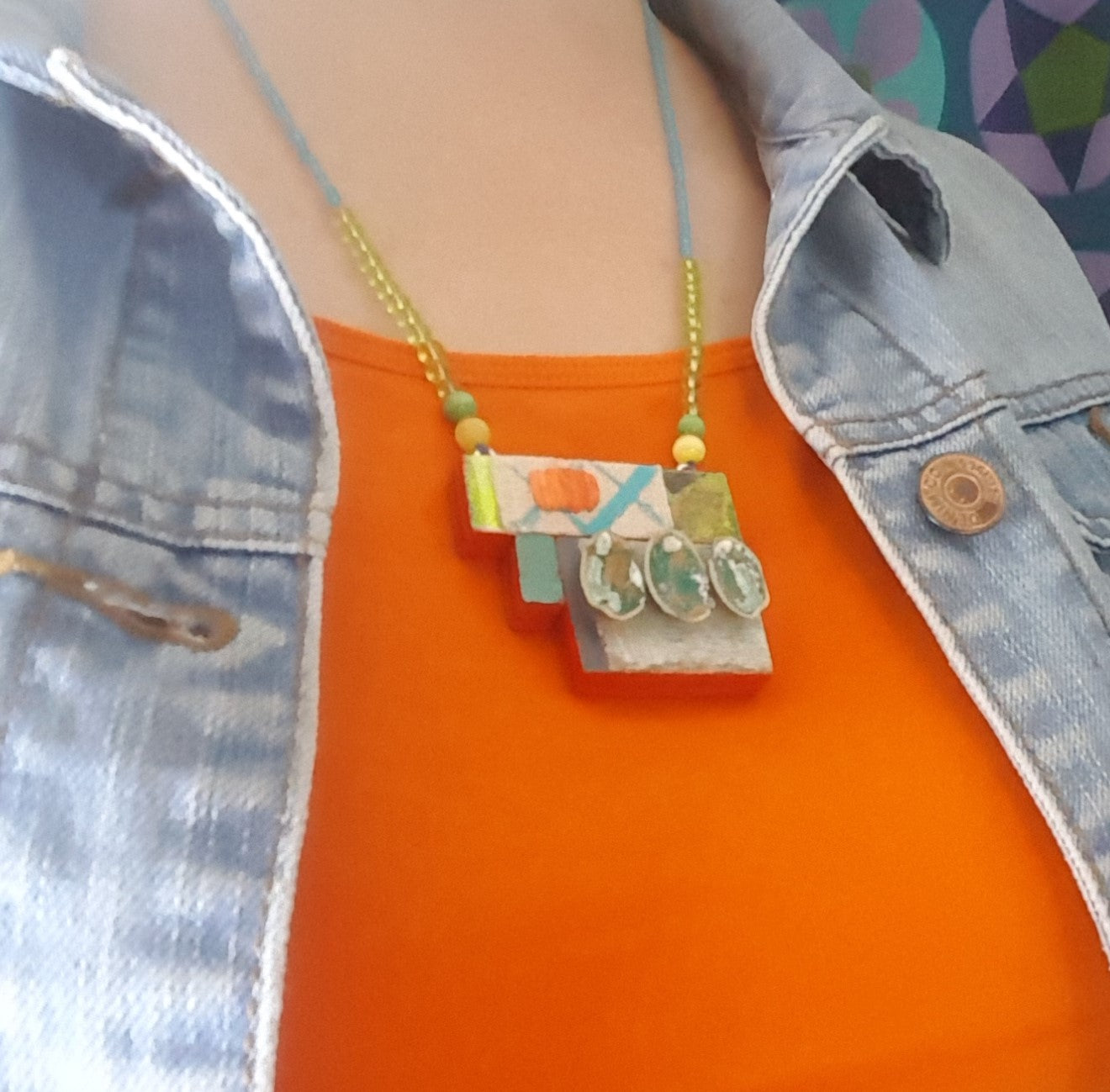 Handmade Mixed-Media Wooden Pendant Necklace