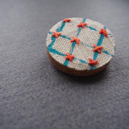 Handmade Printed Linen and Cork Brooch - Net Design - Batch 1 Number 8