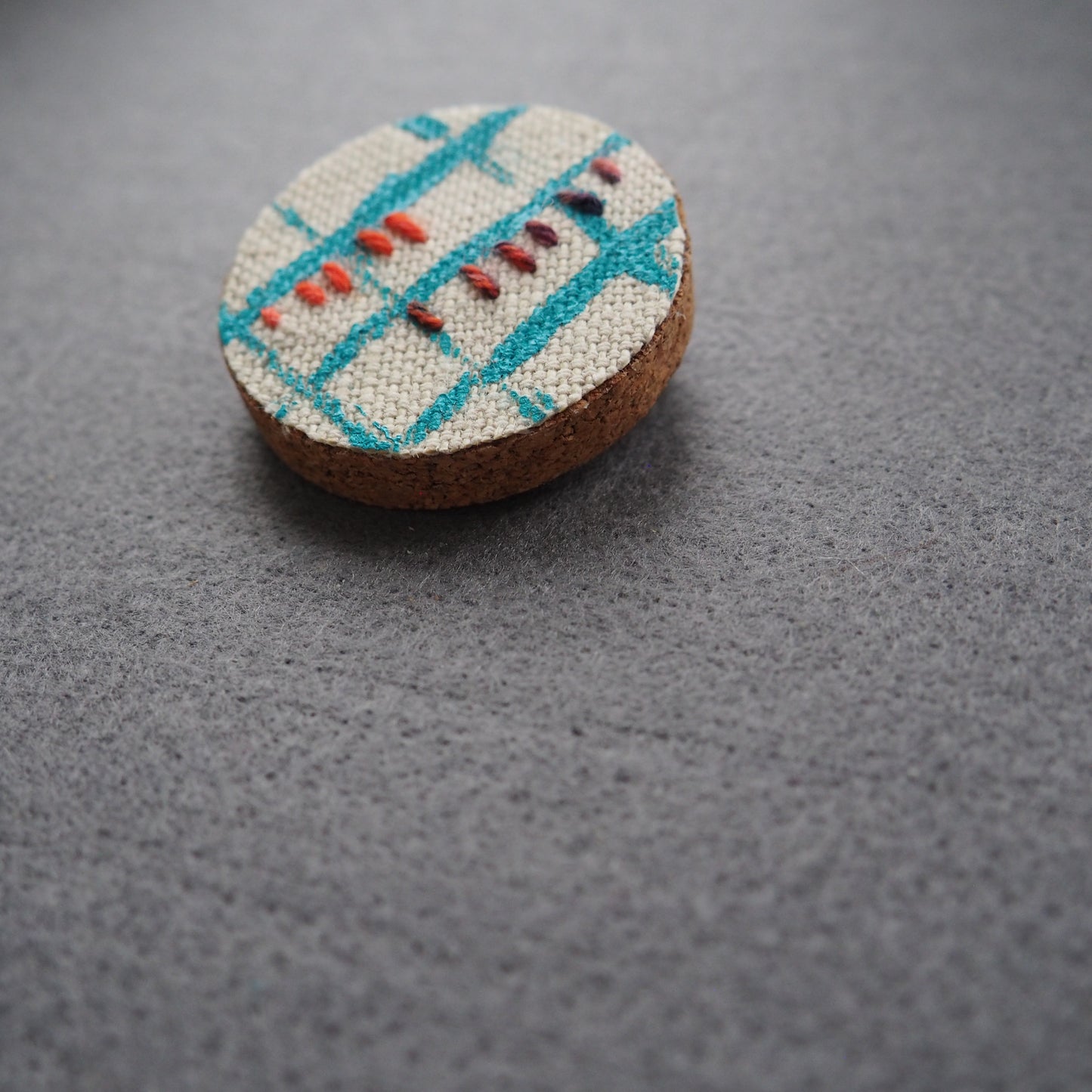 Handmade Printed Linen and Cork Brooch - Net Design - Batch 1 Number 9