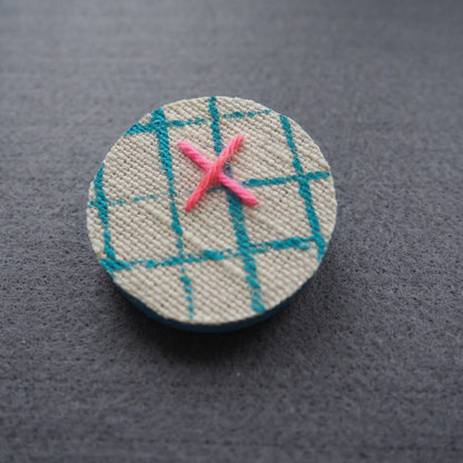 Handmade Printed Linen and Cork Brooch - Net Design - Batch 1 Number 6