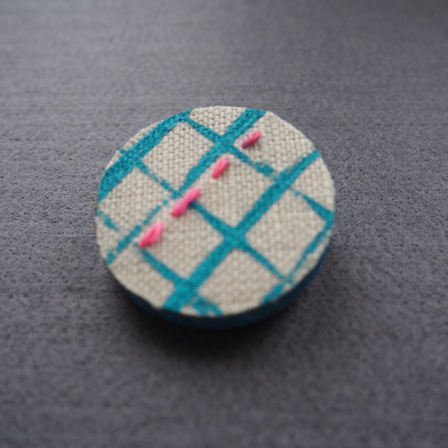 Handmade Printed Linen and Cork Brooch - Net Design - Batch 1 Number 5