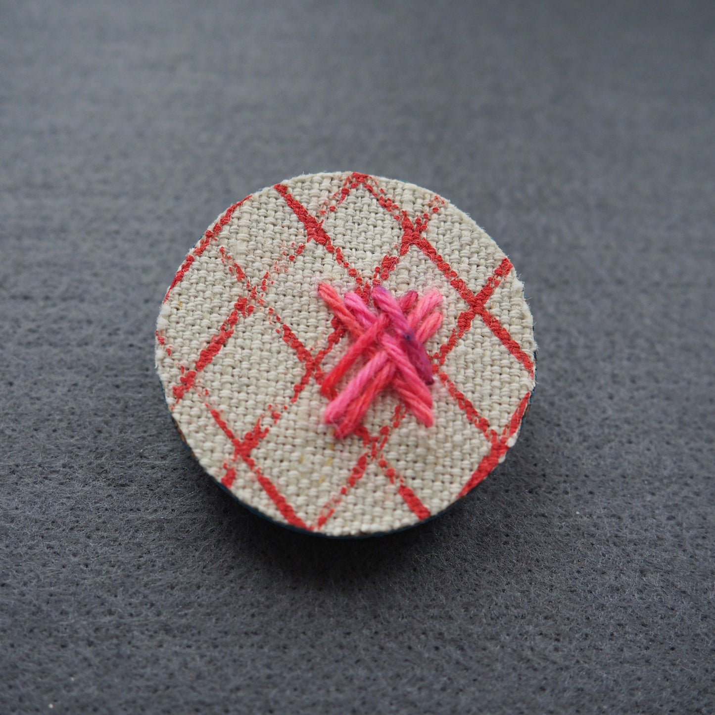 Handmade Printed Linen and Cork Brooch - Net Design - Batch 1 Number 3