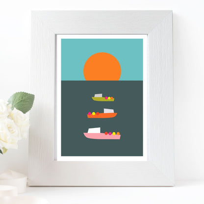Boats at Sunset - A5 Retro Nautical Giclee Print